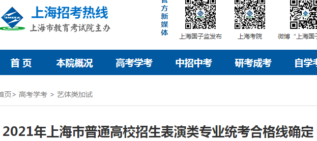 2021年上海市普通高校招生表演类专业统考合格分数线