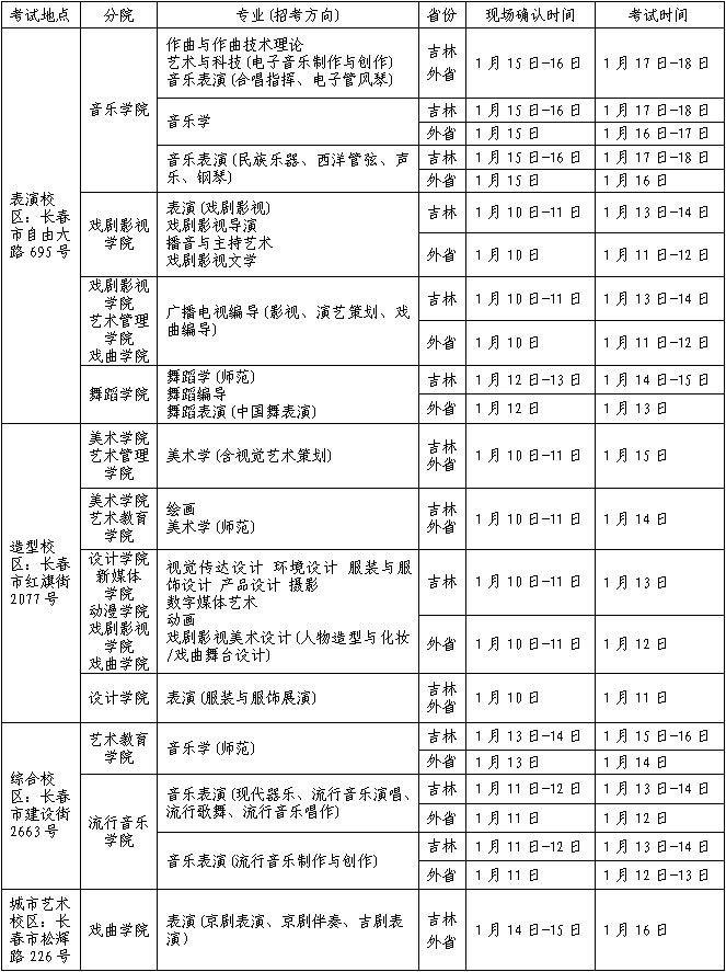 吉林艺术学院2018艺考时间安排