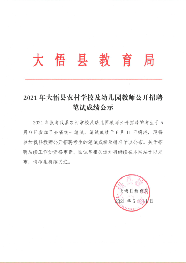 2021年孝感大悟县农村学校及幼儿园教师公开招聘笔试成绩公示