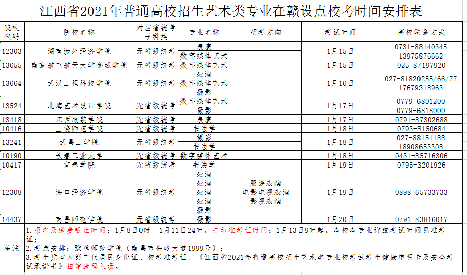 2021年江西普通高校招生艺术类专业在赣设点校考时间安排