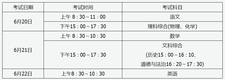 山西中考时间2021年具体时间安排表：6月20日、21日、22日