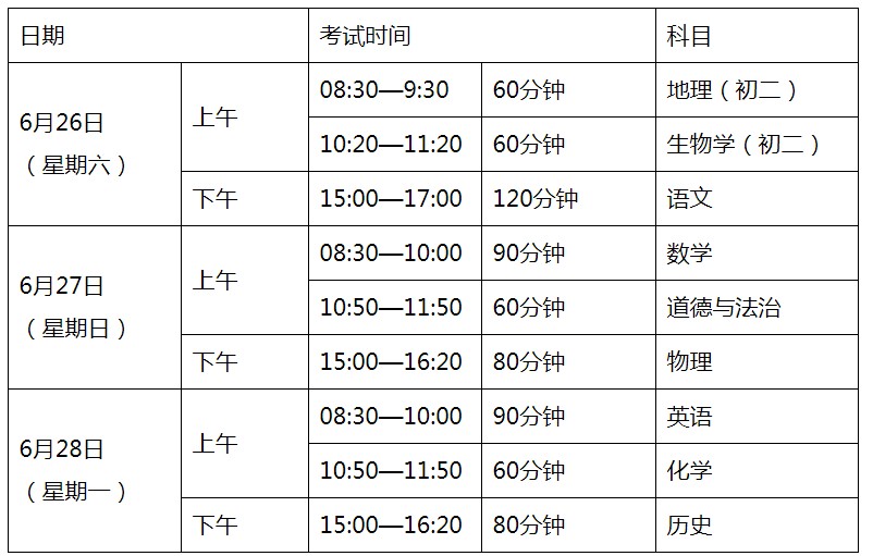 广东韶关中考时间2021具体时间科目安排：6月26日至28日