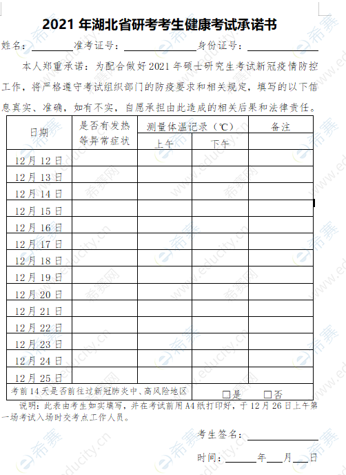 2021年MBA考研湖北省研考考生健康考试承诺书